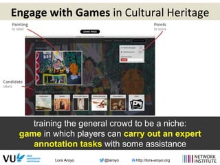 Lora Aroyo @laroyo http://lora-aroyo.org
Engage	
  with	
  Games	
  in	
  Cultural	
  Heritage	
  
training the general crowd to be a niche:
game in which players can carry out an expert
annotation tasks with some assistance
 