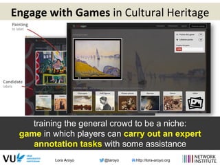 Lora Aroyo @laroyo http://lora-aroyo.org
Engage	
  with	
  Games	
  in	
  Cultural	
  Heritage	
  
training the general crowd to be a niche:
game in which players can carry out an expert
annotation tasks with some assistance
 