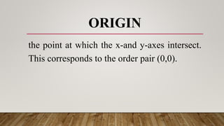 ORIGIN
the point at which the x-and y-axes intersect.
This corresponds to the order pair (0,0).
 