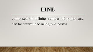 LINE
composed of infinite number of points and
can be determined using two points.
 