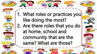 1. What roles or practices you
like doing the most?
2. Are there roles that you do
at home, school and
community that are the
same? What are those?
 