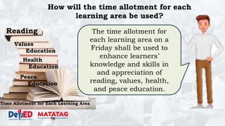 DEPARTMENT OF EDUCATION
Reading
Values
Education
Health
Education
Peace
Education
Time Allotment for Each Learning Area
How will the time allotment for each
learning area be used?
The time allotment for
each learning area on a
Friday shall be used to
enhance learners’
knowledge and skills in
and appreciation of
reading, values, health,
and peace education.
 