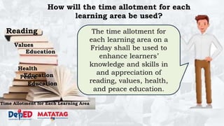 DEPARTMENT OF EDUCATION
Reading
Values
Education
Health
Education
Peace
Education
Time Allotment for Each Learning Area
How will the time allotment for each
learning area be used?
The time allotment for
each learning area on a
Friday shall be used to
enhance learners’
knowledge and skills in
and appreciation of
reading, values, health,
and peace education.
 