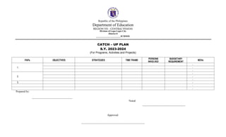 Republic of the Philippines
Department of Education
Division of Lapu-Lapu City
District 8
______________________SCHOOL
CATCH – UP PLAN
S.Y. 2023-2024
(For Programs, Activities and Projects)
PAPs OBJECTIVES STRATEGIES TIME FRAME
PERSONS
INVOLVED
BUDGETARY
REQUIREMENT
MOVs
1.
-
-
-
2.
-
-
-
3. -
-
-
Prepared by:
______________________________
Noted:
________________________________
Approved:
_______________________________________________
 