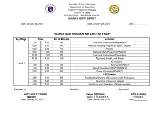 Republic of the Philippines
Department of Education
Region VIII (Eastern Visayas)
Division of Leyte
VILLA ROSAS ELEMENTARY SCHOOL
BURAUEN NORTH DISTRICT
Date: January 25, 2024 Date: January 26, 2024 Date:___________
TEACHER CLASS PROGRAM FOR CATCH-UP FRIDAY
Key Stage Time No. of Minutes Activities
1 and 2
7:20 8:00 40 Teachers' Instructional Preparation
8:00 9:20 80 National Reading Program ( Filipino, English)
9:20 9:35 15 Recess
9:35 11:00 85 National Math Program/GRADE IV
11:00 11:20 20 Teachers' Instructional Preparation
11:20 1:00 100 Teachers Break/Lunch Break
Key Stage 2
1:00 1:40 40 Science/GRADE IV
1:40 2:20 40 Values Education/HRGP/GRADE VI
2:00 3:00 60 Peace Education/GRADE V
LAC Session
3:00 4:00 60 Feedbacking/Sharing of Experience with Colleagues
4:00 4:20 40 Checking of Learners Output
4:20 5:00 20 Monitoring and Evaluation of Implementation
Prepared by: Noted by: Approved:
MARY ANN C. TONIDO EVA A. ODTUJAN LITO M. RAGA
Teacher I MASTER TEACHER II. Principal II
Date: January 25, 2024 Date: January 26, 2024 Date:___________
 