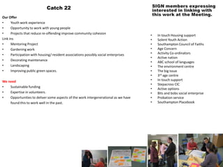 Catch 22
Our Offer
•     Youth work experience
•     Opportunity to work with young people
•     Projects that reduce re-offending improve community cohesion
                                                                                      •   In touch Housing support
Link ins                                                                              •   Solent Youth Action
•     Mentoring Project                                                               •   Southampton Council of Faiths
•     Gardening work                                                                  •   Age Concern
•     Participation with housing/ resident associations possibly social enterprises   •   Activity Co-ordinators
                                                                                      •   Active nation
•     Decorating maintenance
                                                                                      •   ABC school of languages
•     Landscaping                                                                     •   The environment centre
•     Improving public green spaces.                                                  •   The big issue
                                                                                      •   3rd age centre
We need                                                                               •   In touch support
                                                                                      •   Stepacross CIC
•   Sustainable funding
                                                                                      •   Active options
•   Expertise in volunteers.                                                          •   Bits and bobs social enterprise
•   Opportunities to deliver some aspects of the work intergenerational as we have    •   Probation service
    found this to work well in the past.                                              •   Southampton Placebook
 
