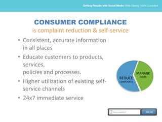 CONSUMER COMPLIANCE
is complaint reduction & self-service
• Consistent, accurate information
in all places
• Educate customers to products,
services,
policies and processes.
• Higher utilization of existing self-
service channels
• 24x7 immediate service
REDUCE
COMPLAINTS
MANAGE
ISSUES
 