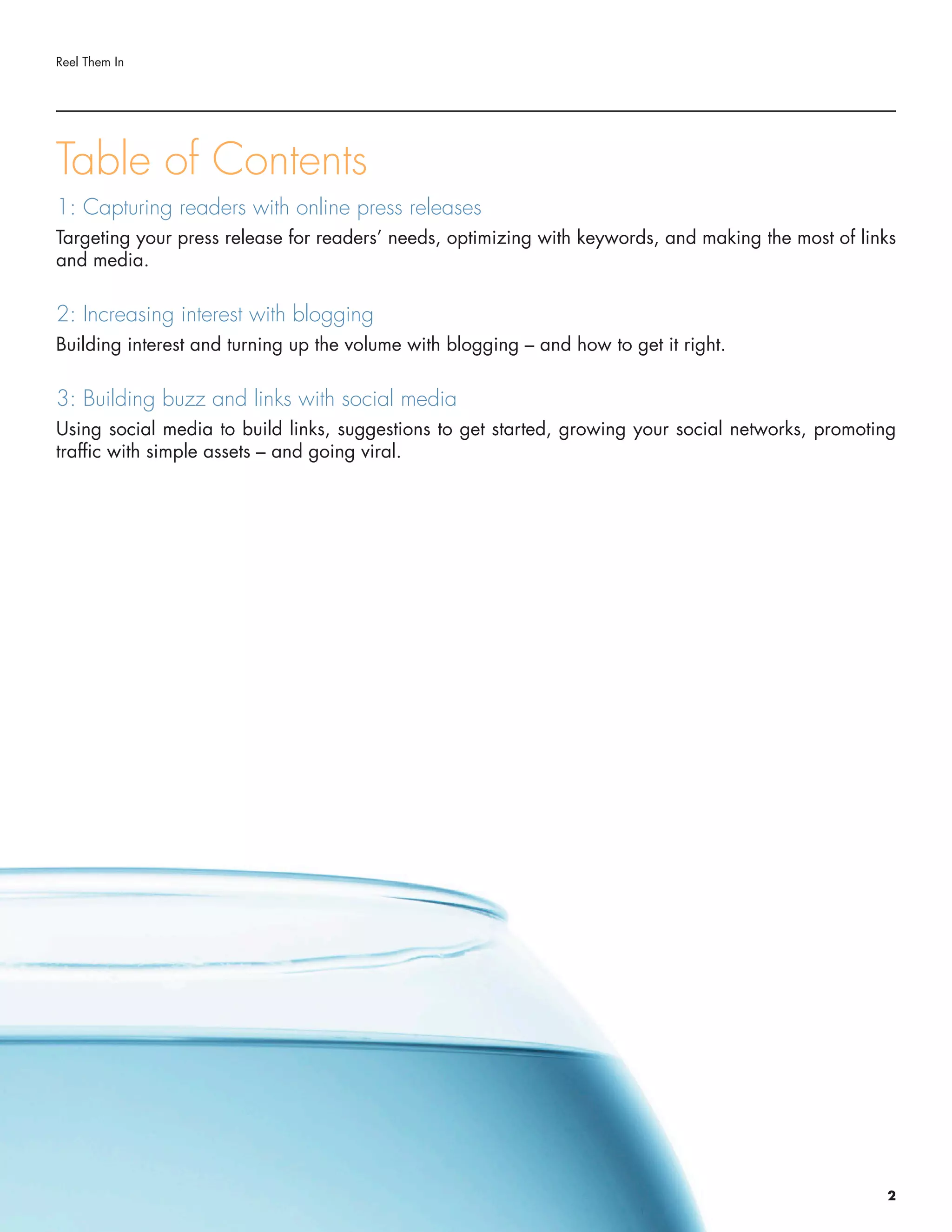 Reel Them In
Table of Contents
1: Capturing readers with online press releases
Targeting your press release for readers’ needs, optimizing with keywords, and making the most of links
and media.
2: Increasing interest with blogging
Building interest and turning up the volume with blogging – and how to get it right.
3: Building buzz and links with social media
Using social media to build links, suggestions to get started, growing your social networks, promoting
traffic with simple assets – and going viral.
2
 