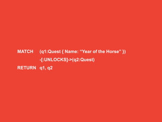 MATCH (q1:Quest { Name: “Year of the Horse” })
-[:UNLOCKS]->(q2:Quest)
RETURN q1, q2
 