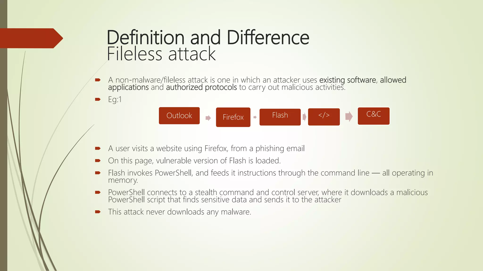 Definition and Difference
Fileless attack
Outlook Firefox Flash </> C&C
 A non-malware/fileless attack is one in which an attacker uses existing software, allowed
applications and authorized protocols to carry out malicious activities.
 Eg:1
 A user visits a website using Firefox, from a phishing email
 On this page, vulnerable version of Flash is loaded.
 Flash invokes PowerShell, and feeds it instructions through the command line — all operating in
memory.
 PowerShell connects to a stealth command and control server, where it downloads a malicious
PowerShell script that finds sensitive data and sends it to the attacker
 This attack never downloads any malware.
 
