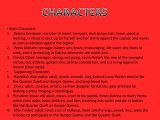 • Main Characters
1. Katniss Everdeen: narrator of novel, teenager, dark brown hair, brave, good at
   hunting, is afraid to stick up for herself and her family against the capitol, and wants
   to start a rebellion against the capitol.
2. Peeta Mellark: teenager, bakers son, brave, encouraging, life saver, shy, loves to
   cook, and is protecting to Katniss whenever she needs him.
3. Finnick Odair: teenager, strong, out going, saves Peeta’s life, one of the youngest
   victors, tall, athletic, golden skin, bronze colored hair, and is a living legend in
   Panem (their state).
• Supporting Characters
1. Haymitch Abernathy: adult, drunk, smooth, lazy, Katniss’s and Peeta’s mentor for
   the Quarter Quell and Hunger Games, and long blond hair.
2. Cinna: adult, creative, artistic, fashion designer for Katniss, gets arrested for
   making a dress imaging a mockingjay.
3. President Snow: old adult, mean, cruel to his capitol, forces Katniss to marry Peeta
   when she’s older, hates children, and likes watching kids suffer and die in battles
   like the Quarter Quell an Hunger Games.
4. Effie Trinket: adult, loves a lot of makeup, loves colorful wigs, sweet, nice, picks the
   tributes to participate in the Hunger Games and the Quarter Quell.
 
