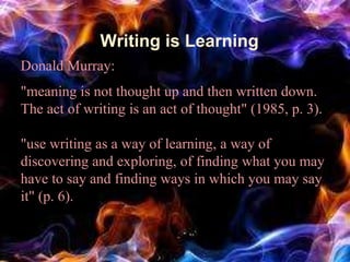 Writing is Learning
Writing is learning quote
Donald Murray:
"meaning is not thought up and then written down.
The act of writing is an act of thought" (1985, p. 3).
"use writing as a way of learning, a way of
discovering and exploring, of finding what you may
have to say and finding ways in which you may say
it" (p. 6).
 
