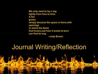 Journal Writing/Reflection
We only need to lay a log
lightly from time to time.
A fire
grows
simply because the space is there,with
openings
in which the flame
that knows just how it wants to burn
can find its way.
--Judy Brown
 