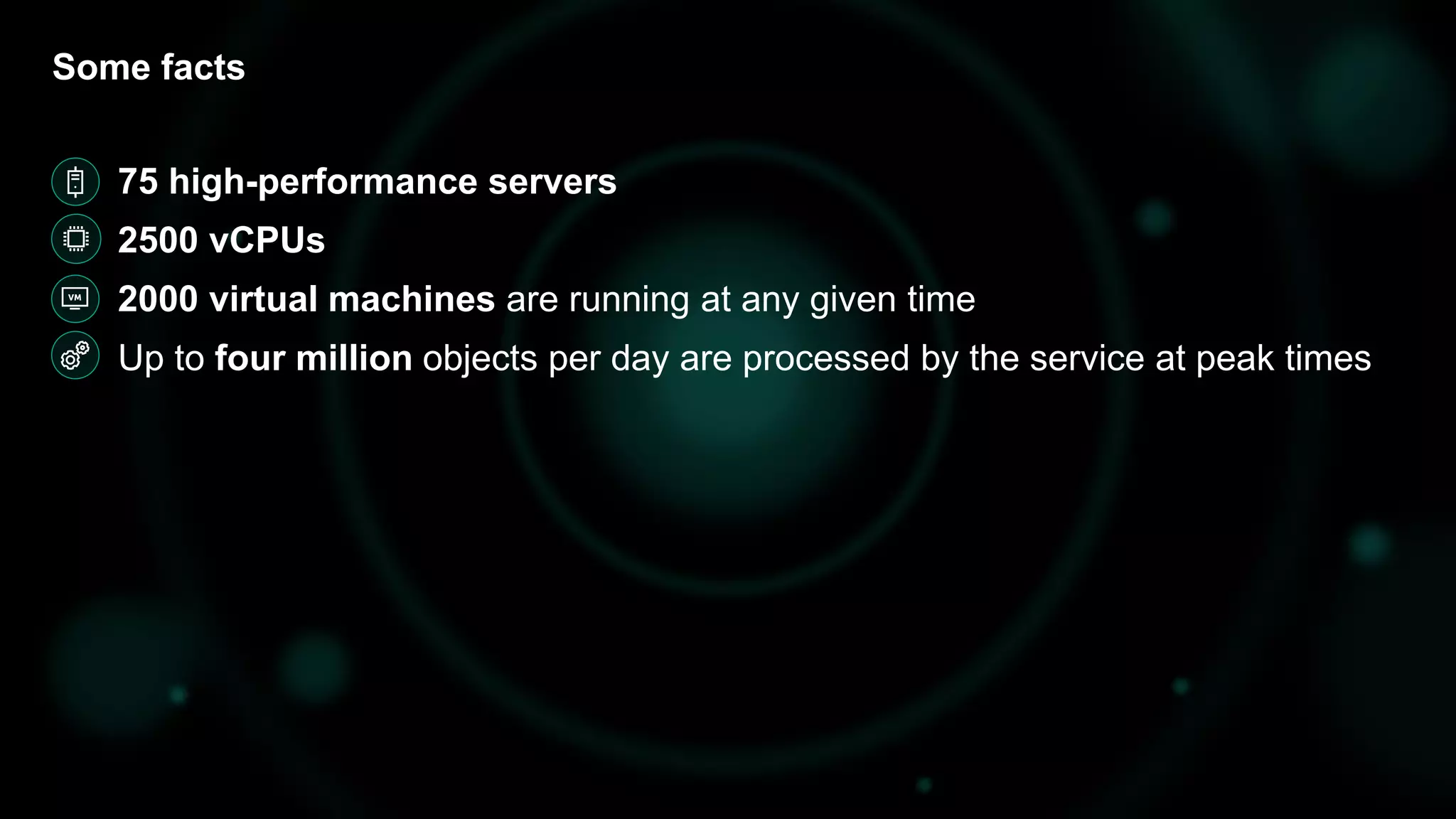 75 high-performance servers
2500 vCPUs
2000 virtual machines are running at any given time
Up to four million objects per day are processed by the service at peak times
Some facts
 