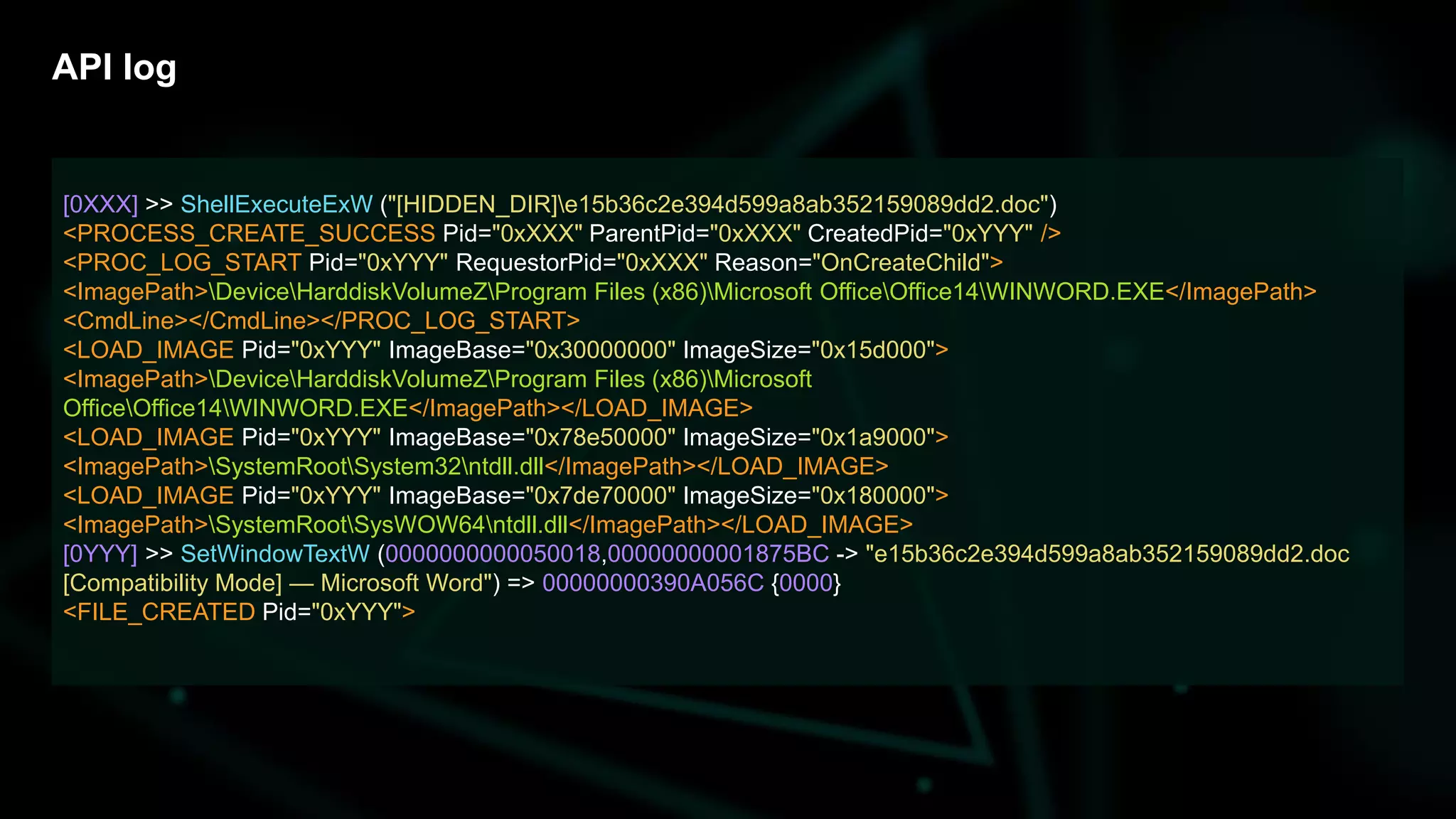 API log
[0XXX] >> ShellExecuteExW ("[HIDDEN_DIR]e15b36c2e394d599a8ab352159089dd2.doc")
<PROCESS_CREATE_SUCCESS Pid="0xXXX" ParentPid="0xXXX" CreatedPid="0xYYY" />
<PROC_LOG_START Pid="0xYYY" RequestorPid="0xXXX" Reason="OnCreateChild">
<ImagePath>DeviceHarddiskVolumeZProgram Files (x86)Microsoft OfficeOffice14WINWORD.EXE</ImagePath>
<CmdLine></CmdLine></PROC_LOG_START>
<LOAD_IMAGE Pid="0xYYY" ImageBase="0x30000000" ImageSize="0x15d000">
<ImagePath>DeviceHarddiskVolumeZProgram Files (x86)Microsoft
OfficeOffice14WINWORD.EXE</ImagePath></LOAD_IMAGE>
<LOAD_IMAGE Pid="0xYYY" ImageBase="0x78e50000" ImageSize="0x1a9000">
<ImagePath>SystemRootSystem32ntdll.dll</ImagePath></LOAD_IMAGE>
<LOAD_IMAGE Pid="0xYYY" ImageBase="0x7de70000" ImageSize="0x180000">
<ImagePath>SystemRootSysWOW64ntdll.dll</ImagePath></LOAD_IMAGE>
[0YYY] >> SetWindowTextW (0000000000050018,00000000001875BC -> "e15b36c2e394d599a8ab352159089dd2.doc
[Compatibility Mode] — Microsoft Word") => 00000000390A056C {0000}
<FILE_CREATED Pid="0xYYY">
 