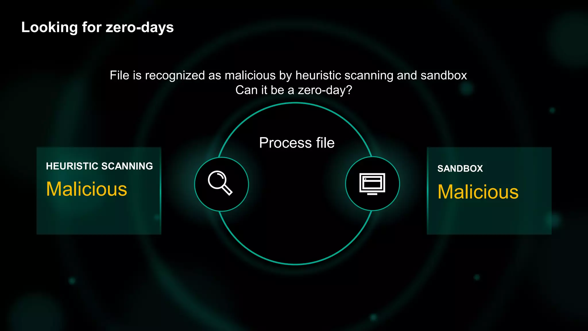 Looking for zero-days
Process file
File is recognized as malicious by heuristic scanning and sandbox
Can it be a zero-day?
HEURISTIC SCANNING
Malicious
SANDBOX
Malicious
 