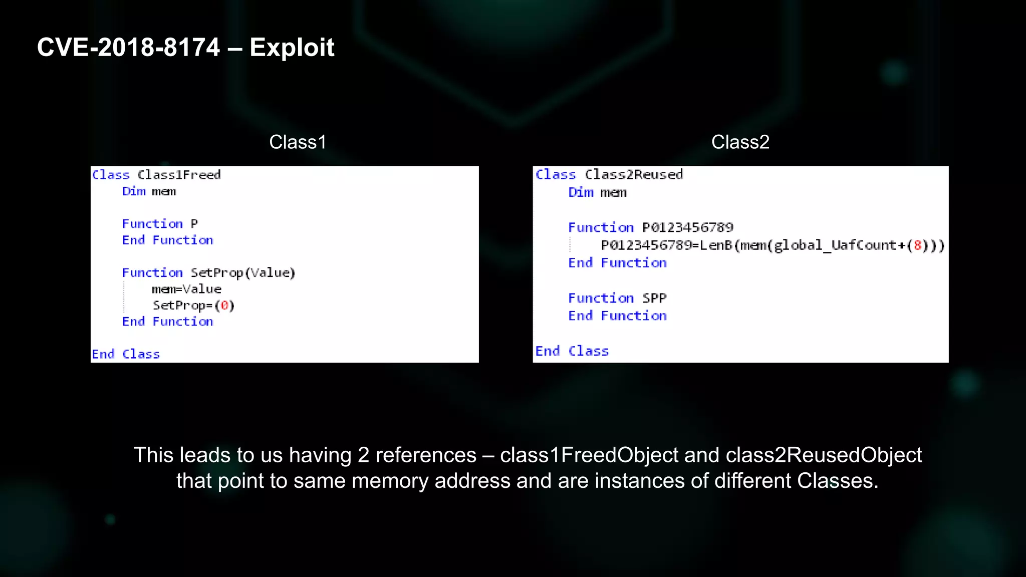 CVE-2018-8174 – Exploit
This leads to us having 2 references – class1FreedObject and class2ReusedObject
that point to same memory address and are instances of different Classes.
Class1 Class2
 