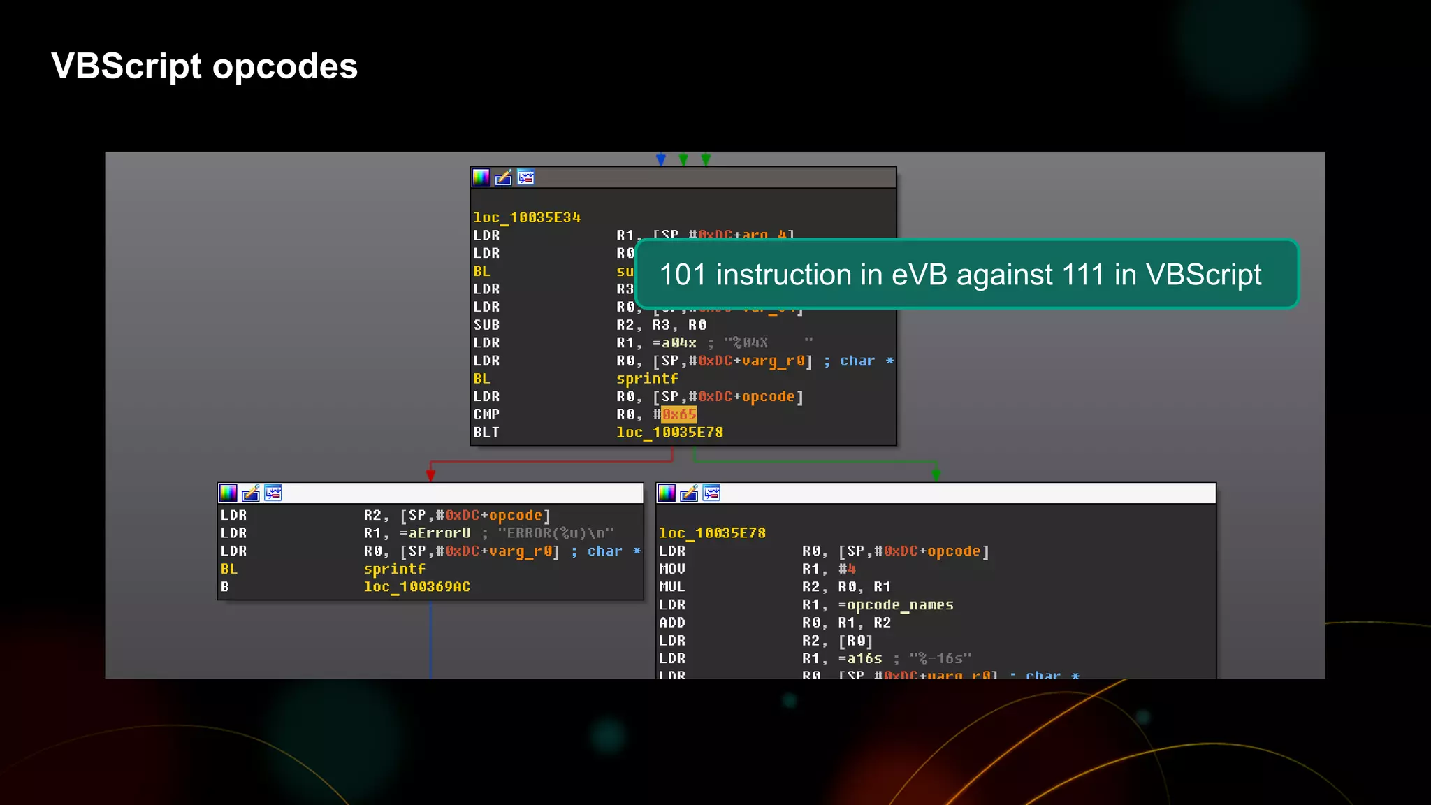 VBScript opcodes
101 instruction in eVB against 111 in VBScript
 