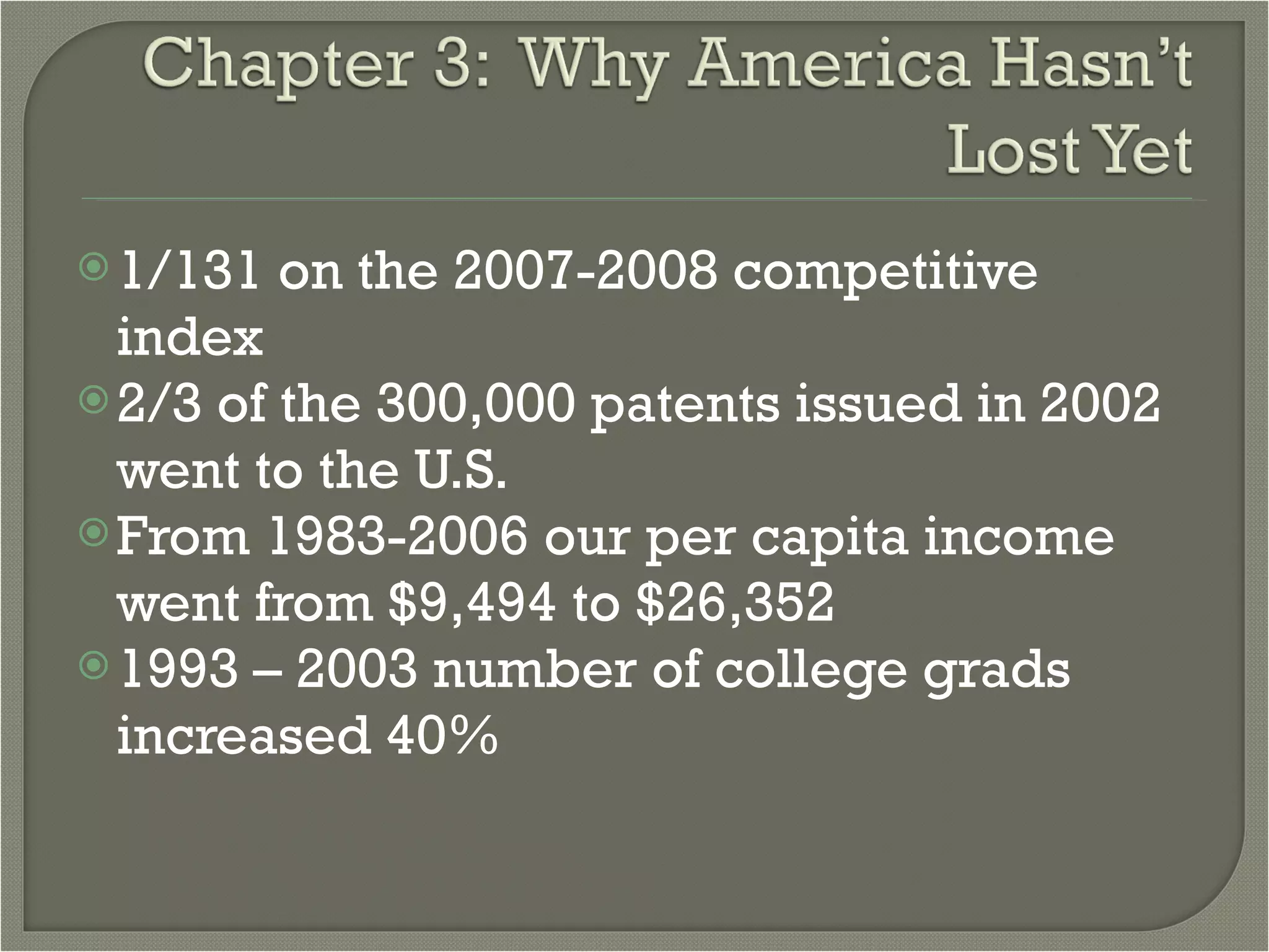 1/131 on the 2007-2008 competitive index 2/3 of the 300,000 patents issued in 2002 went to the U.S. From 1983-2006 our per capita income went from $9,494 to $26,352 1993 – 2003 number of college grads increased 40% 