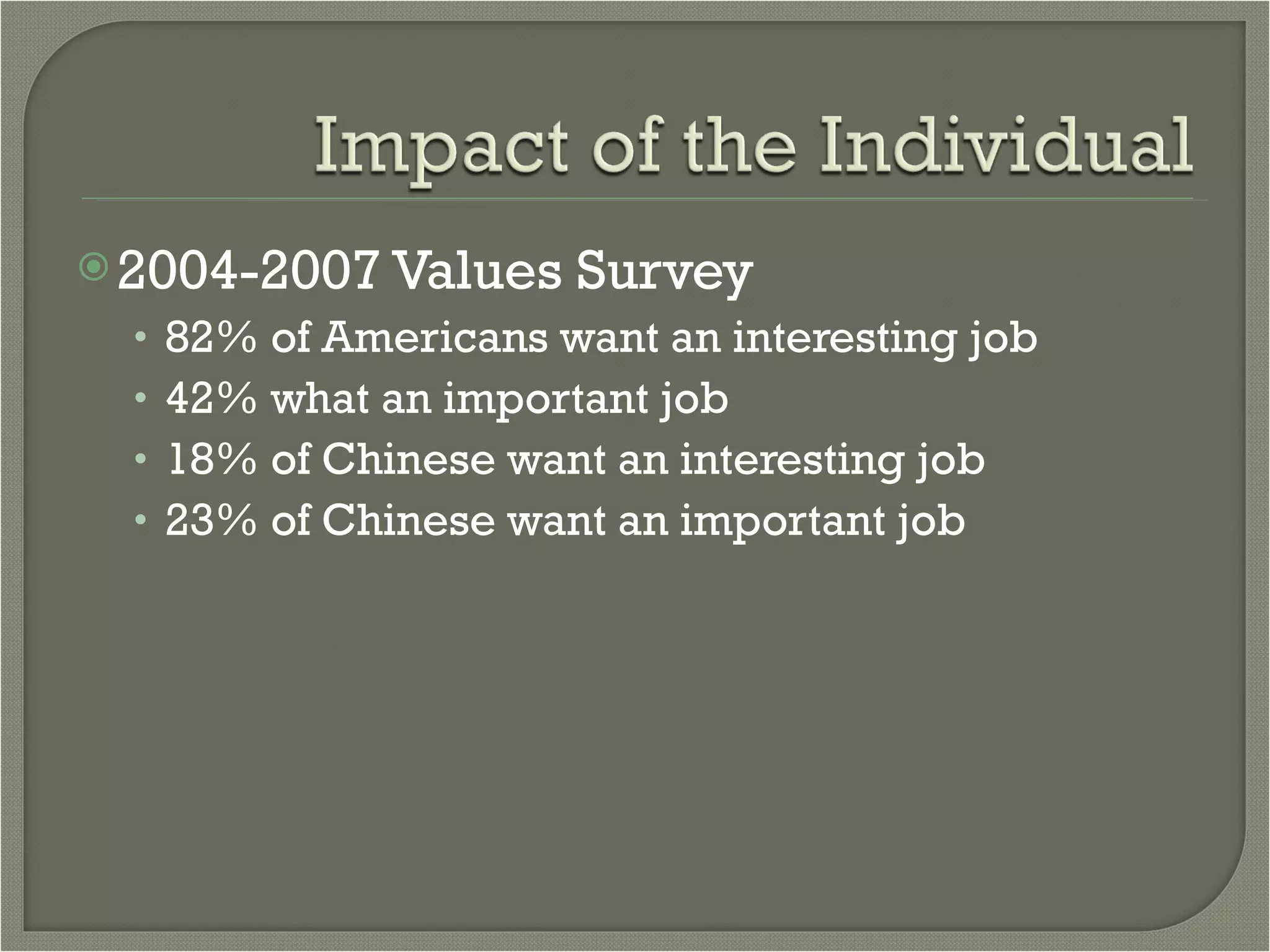2004-2007 Values Survey 82% of Americans want an interesting job 42% what an important job 18% of Chinese want an interesting job 23% of Chinese want an important job 