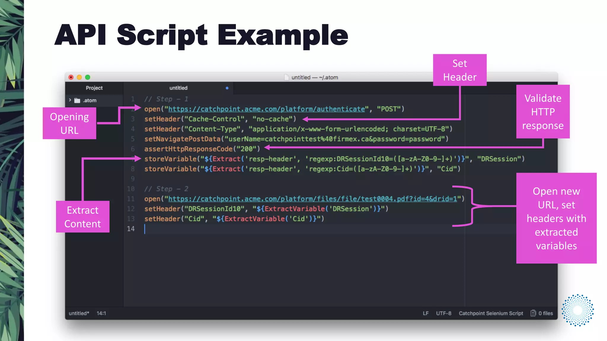 Opening
URL
Set
Header
Extract
Content
Open new
URL, set
headers with
extracted
variables
API Script Example
Validate
HTTP
response
 