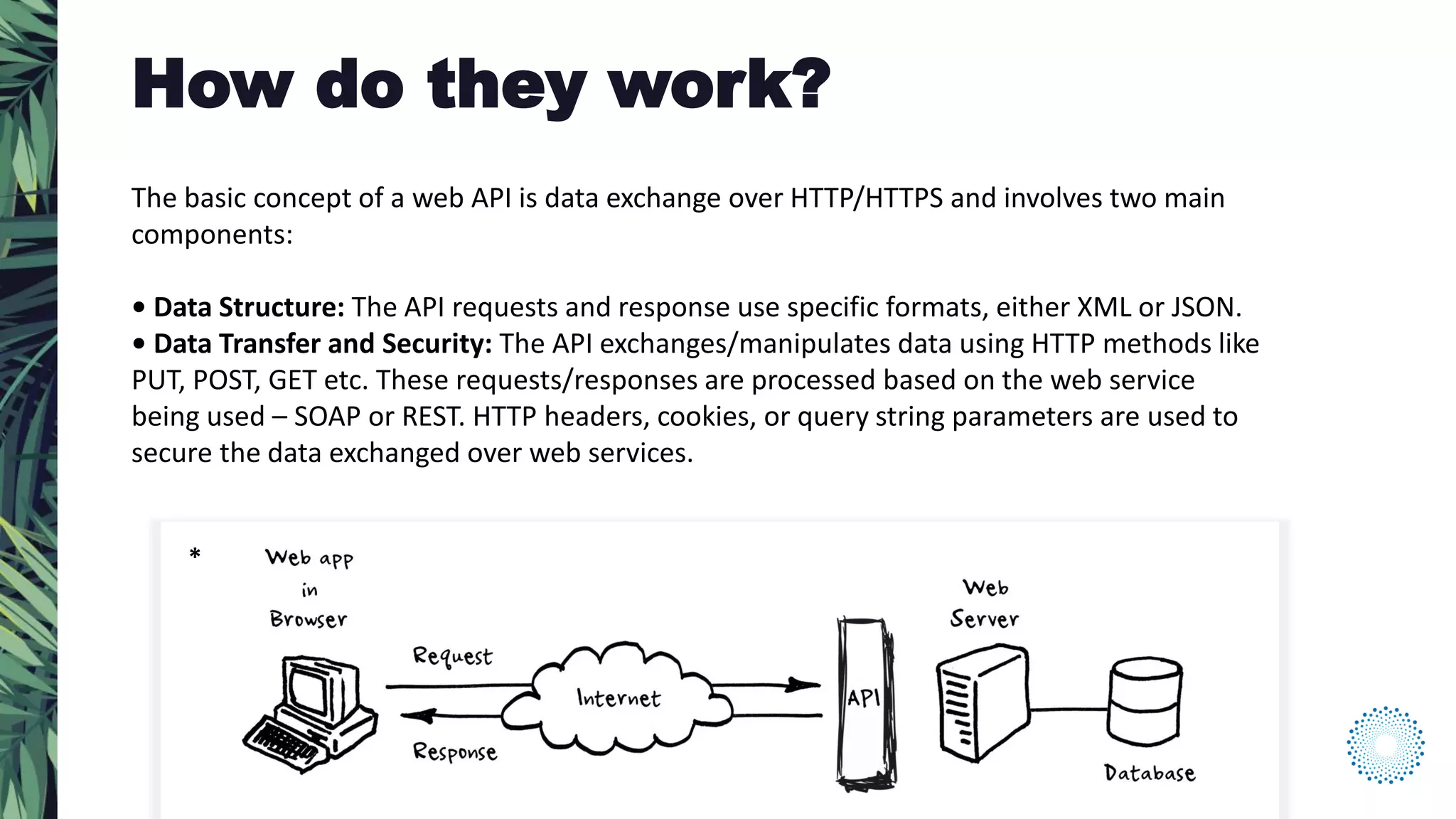 The basic concept of a web API is data exchange over HTTP/HTTPS and involves two main
components:
• Data Structure: The API requests and response use specific formats, either XML or JSON.
• Data Transfer and Security: The API exchanges/manipulates data using HTTP methods like
PUT, POST, GET etc. These requests/responses are processed based on the web service
being used – SOAP or REST. HTTP headers, cookies, or query string parameters are used to
secure the data exchanged over web services.
How do they work?
*
 