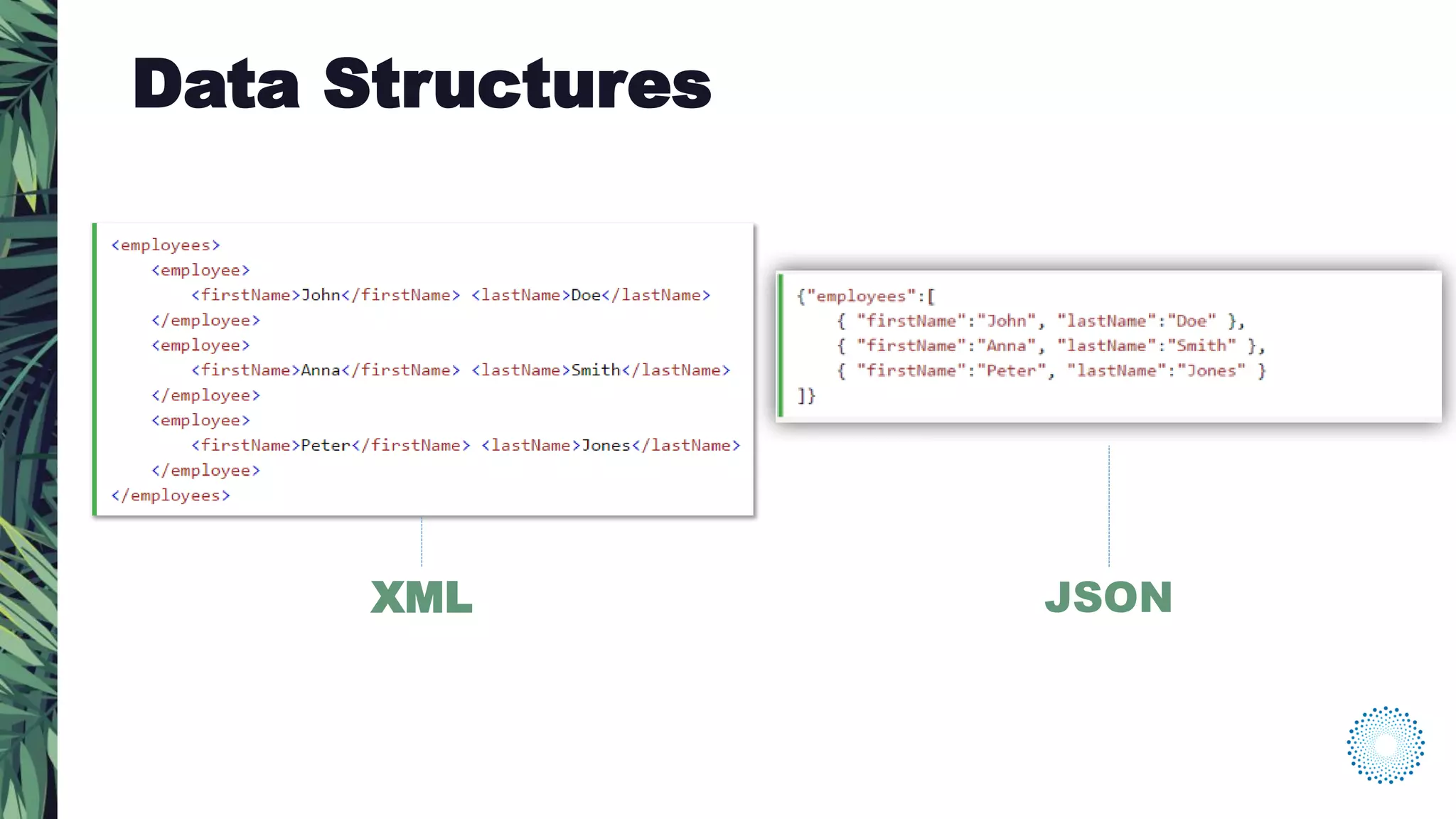 XML JSON
Data Structures
 