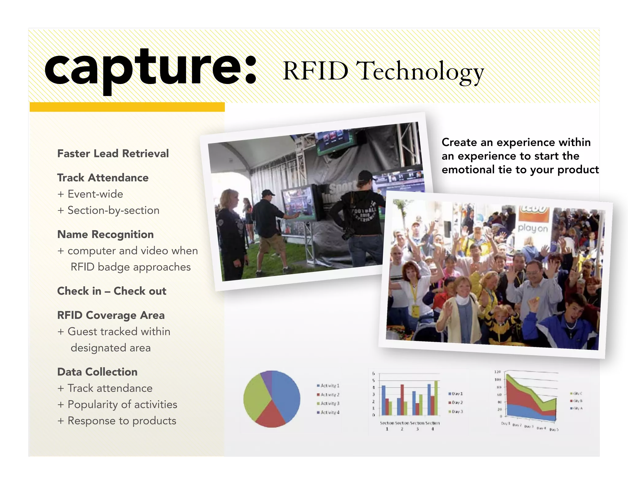 capture:                     RFID Technology

                                        Create an experience within
Faster Lead Retrieval                   an experience to start the
                                        emotional tie to your product
Track Attendance
+ Event-wide
+ Section-by-section

Name Recognition
+ computer and video when
   RFID badge approaches

Check in – Check out

RFID Coverage Area
+ Guest tracked within
  designated area

Data Collection
+ Track attendance
+ Popularity of activities
+ Response to products
 