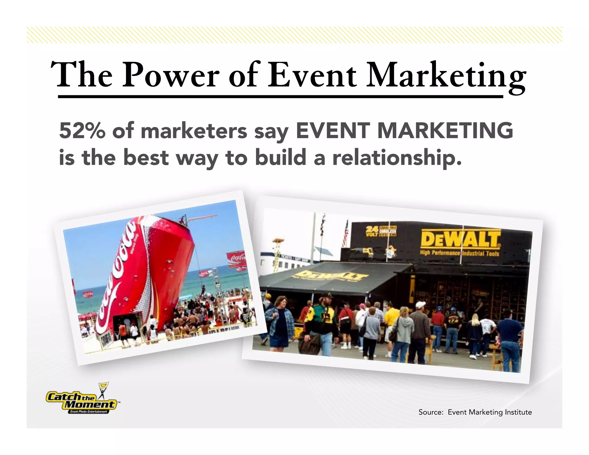 The Power of Event Marketing
52% of marketers say EVENT MARKETING
is the best way to build a relationship.




                               Source: Event Marketing Institute
 