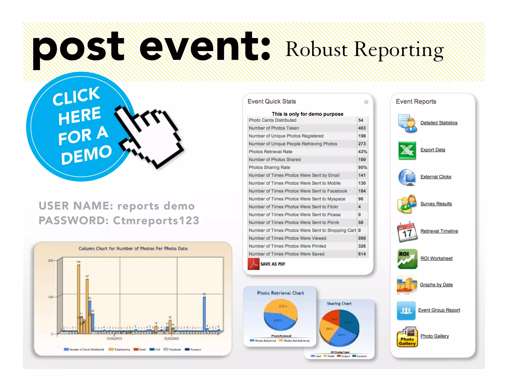 post event: Robust Reporting
  CliCK
  HERE
  fOR A
   DEmO

USER NAME: reports demo
PASSWORD: Ctmreports123
 
