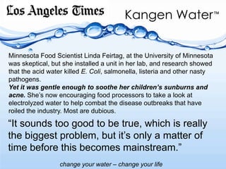2) Superior Anti-oxidant Negative ions in  Kangen water = Enormous Amounts of Extra Electrons !Which combat the 80,000  free radical hits a day you take.(Just one puff of cigarette smoke stealsa trillion  electrons from health cells. . . )