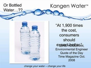 Oxidation ReductionPotential         -400       -300        -200      -100           0        +100       +200      +300      +400Positive Hydroxyl Ions Lower pHAcidifiesMissing Electrons, so will steal themFree RadicalsCauses OxidationAgingDecays & Damages CellsArtificial Rush – Then CrashNegative Hydroxyl Ions  High pHAlkalizes  Donates Extra Electrons to Damaged CellsAnti-Oxidant PowerNegates OxidationAnti-AgingRevitalizes CellsEnergizes Steadily; Real InvigorationHydrates 6x FasterDetoxifiesOxygenatesKangen Water Promotes Bio-Electrical Activity in the Body  and Retards the Onset of Disease