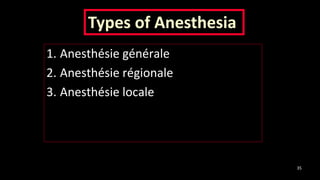 1. Anesthésie générale
2. Anesthésie régionale
3. Anesthésie locale
Types of Anesthesia
35
 