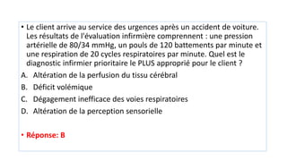 • Le client arrive au service des urgences après un accident de voiture.
Les résultats de l'évaluation infirmière comprennent : une pression
artérielle de 80/34 mmHg, un pouls de 120 battements par minute et
une respiration de 20 cycles respiratoires par minute. Quel est le
diagnostic infirmier prioritaire le PLUS approprié pour le client ?
A. Altération de la perfusion du tissu cérébral
B. Déficit volémique
C. Dégagement inefficace des voies respiratoires
D. Altération de la perception sensorielle
• Réponse: B
 
