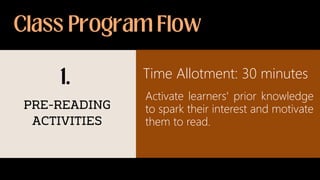 Time Allotment: 30 minutes
Activate learners' prior knowledge
to spark their interest and motivate
them to read.
 