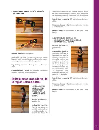 4. EJERCICIO DE FLEXIBILIZACIÓN POSICIÓN                  ambas manos. Realizar una tracción anterior de los
   DE “MAHOMA”                                            brazos y al mismo tiempo posterior de la región dor-
                                                          sal. Mantener esta posición durante 10-15 segundos.

                                                          Repetición y frecuencia: 3-5 repeticiones dos veces
                                                          al día.

                                                          Compensaciones a evitar: Crear una tensión excesiva
                                                          a nivel de cuello.

                                                          Observaciones: El estiramiento se percibirá a nivel
                                                          dorsal.


                                                          2. ESTIRAMIENTO BILATERAL DE
                                                             LA MUSCULATURA INTERESCAPULAR
                                                             Y PARAVERTEBRAL DORSAL

                                                          Posición paciente: Bi-
                                                          pedestación.

                                                          Realización ejercicio:
Posición paciente: Cuadrupedia.                           Entrelazar los dedos de
                                                          las manos colocando los
Realización ejercicio: Avanzar los brazos e ir tirando    brazos en posición ho-
la pelvis hacia los pies hasta notar la tensión. Mante-   rizontal y realizar una
ner esta posición durante 20-30 segundos.                 tracción anterior y late-
                                                          ral de los brazos y al
Repetición y frecuencia: 3–5 repeticiones dos veces       mismo tiempo posterior
al día.                                                   de la región dorsal (co-
                                                          mo si quisiéramos abra-
Compensaciones a evitar: No mantener la columna           zar un globo). Man-
alineada y arquear la región cervical.                    tener esta posición du-
                                                          rante 10-15 segundos.

                                                          Repetición y frecuencia: 3-5 repeticiones dos veces
Estiramientos musculares de                               al día.
la región cervico-dorsal                                  Compensaciones a evitar: Crear una tensión excesiva
                              1. ESTIRAMIENTO             a nivel del cuello.
                              BILATERAL DE LA
                              MUSCULATURA                 Observaciones: El estiramiento se percibirá a nivel
                              INTERESCAPULAR              dorsal.
                              Y PARAVERTEBRAL
                              DORSAL

                              Posición paciente: Bi-
                              pedestación.

                              Realización ejercicio:
                              Colocar los brazos en
                              posición horizontal con
                              los codos estirados con-
                              tactando los dorsos de




                                                                                                                 15
 