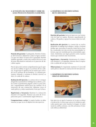 3. ACTIVACIÓN DEL TRANSVERSO Y CIERRE DEL                 4. ISOMÉTRICO EN DECÚBITO SUPINO:
   SUELO PÉLVICO EN POSICIÓN CUADRÚPEDA                      RECTO ABDOMINAL




                                                          Posición del paciente: Iniciar el ejercicio con la posi-
                                                          ción de base en supino, flexionar seguidamente la
                                                          cadera a 90 grados y apoyar las manos sobre las rodi-
                                                          llas.

                                                          Realización del ejercicio: La contracción se realiza
                                                          dirigiendo el ombligo hacia dentro y arriba, al mismo
                                                          tiempo que acercamos la parrilla costal hacia el pu-
                                                          bis, arrastrando con esta acción las extremidades in-
                                                          feriores, que son resistidas por las extremidades supe-
Posición del paciente: Cuadrupedia. Permite el traba-     riores. Sentiremos una ligera presión contra nuestras
jo del transverso abdominal contra la ligera resisten-    manos que resistirán este movimiento.
cia que nos ofrece la fuerza de la gravedad. Permite
también aprender a sentir esta contracción en el caso     Repeticiones y frecuencia: Mantenemos la contrac-
de tener dificultad en realizarla en la posición de de-   ción durante 6 a 8 segundos mientras dure la espira-
cúbito supino.                                            ción o salida del aire por la boca.

Para la ejecución correcta comprobaremos que la aper-     Observaciones: Es importante mantener el cierre del
tura de las rodillas es igual a la anchura de las cade-   suelo pélvico durante la realización de este ejercicio.
ras, al igual que la apertura de las manos que coinci-
de con la anchura de los hombros. La columna per-
manece alineada y evitamos la flexión cervical, es        5. ISOMÉTRICO EN DECÚBITO SUPINO:
decir, la caída de la cabeza.                                OBLICUO ABDOMINAL

Realización del ejercicio: La contracción se consigue
dirigiendo suavemente el ombligo hacia dentro y arri-
ba (como si quisiéramos pegarlo contra la zona lum-
bar y seguidamente subirlo hacia las costillas). En el
transcurso de esta contracción, debemos cerrar el
suelo pélvico y soltar suavemente el aire por la boca.

Repeticiones y frecuencia: Mantener la contracción
durante 6-10 segundos. Realizar una serie de 10 re-
peticiones para ir aumentando según tolerancia.

Compensaciones a evitar: La región lumbar no debe         Este ejercicio es igual al anterior en lo que se refiere
moverse ya que no es el objetivo de este ejercicio.       a la ejecución. Lo único que varía es la resistencia apli-
                                                          cada, puesto que como muestra la imagen, la mano
                                                          resiste la rodilla contraria, con ello activamos el mús-
                                                          culo oblicuo abdominal.




                                                                                                                       25
 