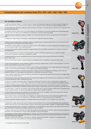 27



Caractéristiques des caméras testo 875 / 876 / 881 / 882 / 885 / 890



Vos avantages pratiques
La taille des détecteurs indique le nombre de points de mesure de température (pixels) dont est doté le capteur d’image de la




                                                                                                                                                                       CAMÉRAS THERMIQUES
caméra thermique. Plus le nombre de pixels est élevé, plus les objets de mesure s’affichent de manière détaillée et claire.

La technologie Super Résolution améliore la qualité d’image d’une classe ; en d’autres termes, la résolution de l’image thermique
est quatre fois supérieure.

La sensibilité thermique NETD donne la plus petite différence de température qui peut être visualisée par la caméra thermique.
Plus cette valeur est réduite, plus les différences de température mesurées peuvent être faibles.                                                testo 875
L’étendue de mesure détermine la plage sur laquelle votre caméra thermique peut mesurer les rayonnements infrarouges d’un
objet.

La fréquence d’image indique, en secondes, à quelle fréquence l’image thermique est rafraichie.


L’objectif standard (objectif grand-angle léger) englobe une grande section d’image et génère ainsi une vue d’ensemble rapide
de la répartition de la température de l’objet de mesure.

Le téléobjectif interchangeable vous aide pour la mesure des plus petits détails et vous permet également de visualiser ceux-ci
sur votre image thermique, même à grande distance.

La mise au point permet de régler la netteté de l’image infrarouge. Ceci est possible manuellement, au moyen d’un moteur ou
automatiquement.                                                                                                                                 testo 876

L’écran pivotant permet de procéder à la thermographie au départ de différentes positions (p.ex. au-dessus de la tête).
Plus aucune réverbération ne peut plus vous gêner sur l’écran.

La poignée rotative permet une manipulation sûre de la caméra thermique dans les endroits difficilement accessibles
(par ex. près du sol).

Outre la commande par joystick, la caméra thermique peut également être commandée au moyen de l’écran tactile.


L’option “Haute température” permet d’étendre la plage de mesure de manière flexible. Un filtre “Haute température” permet de
mesurer des températures jusqu’à 550°C ou 1200°C.

Le point le plus chaud ou le plus froid de l’objet de mesure s’affiche automatiquement dans l’image thermique sur l’écran de la
caméra. Il est ainsi possible de détecter d’un seul regard les échauffements critiques.                                                          testo 881

Les températures minimales et maximales d’une section d’image peuvent être immédiatement affichées sur site. Il est ainsi
possible de détecter d’un seul regard les échauffements critiques dans cette section d’image.

L’alarme optique indique dans l’image thermique tous les points de l’image dont les températures varient dans une plage définie
au moyen de marques de couleur.

L’alarme optique indique dans l’image thermique tous les points de l’image dont les températures sont supérieures ou inférieures
à une limite donnée au moyen de marques de couleur.

La valeur de l’humidité superficielle relative s’affiche pour chaque point de mesure. Celle-ci est calculée sur la base de la
température ambiante et de l’humidité relative, déterminées de manière externe, ainsi que la température superficielle mesurée.

La valeur de l’humidité superficielle relative s’affiche pour chaque point de mesure. Celle-ci est calculée sur la base de la température
ambiante et de l’humidité relative, transférées en temps réel par le capteur d’humidité radio, ainsi que la température superficielle mesurée.   testo 882

En mode “Solaire”, la valeur du rayonnement solaire peut être saisie dans la caméra thermique. Cette valeur est enregistrée avec
chaque image thermique et est ensuite disponible pour l’analyse dans le logiciel d’évaluation.

Les points faibles localisés peuvent aisément être commentés au moyen de l’enregistreur vocal. Vous pouvez ainsi consigner
toutes les informations complémentaires utiles directement sur site.

Outre l’image thermique, une image réelle est enregistrée pour chaque objet de mesure. Vous pouvez ainsi procéder à une
inspection plus rapide et aisée de l’objet grâce à l’affichage simultané de l’image thermique et de l’image réelle.

Les LED puissantes intégrées garantissent un éclairage idéal des zones sombres lors de l’acquisition de l’image réelle.


L’assistant pour images panoramiques permet l’analyse et la documentation d’une vue d’ensemble générée à partir de différentes
images individuelles pour les plus grands objets de mesure. Vous ne devez ainsi plus gérer, visualiser et comparer plusieurs images.
                                                                                                                                                 testo 885      veau
                                                                                                                                                             Nou
La technologie Site Recognition se charge de l’identification, de l’enregistrement et de la gestion des images thermiques dans le
cadre des routines d’inspections périodiques d’objets de mesure similaires.

La mesure vidéo permet de transmettre des vidéos thermographiques directement sur votre PC. Jusqu’à 3 points de mesure de
température sont disponibles pour chaque image individuelle et peuvent être évalués.

Par l’enregistrement vidéo totalement radiométrique en temps réel, vous pouvez contrôler vos process de fabrication en permanence ou
par séquence ou encore par évènement individuel avec un transfert direct sur votre PC. Pour chaque image individuelle, l’ensemble des
valeurs de température est disponible.
Le pointeur laser permet d’afficher un point laser sur l’objet de mesure afin de faciliter l’orientation. Le marquage permet
d’afficher ce point laser sans parallaxe sur l’écran de la caméra thermique.

                                                                                                                                                 testo 890      veau
*** à l’exception des USA, de la Chine et du Japon                                                                                                           Nou
 