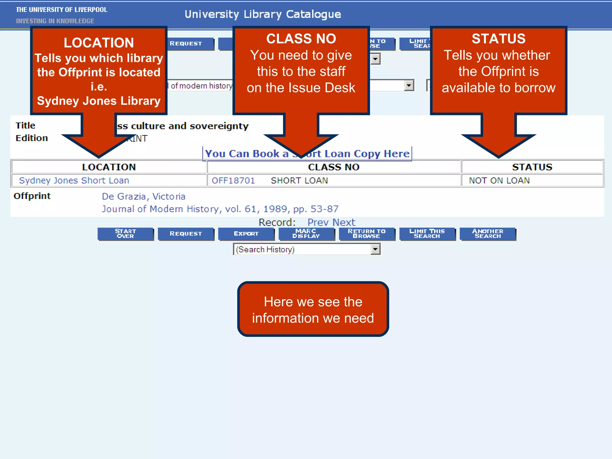 Here we see the information we need LOCATION Tells you which library the Offprint is located i.e. Sydney Jones Library CLASS NO You need to give this to the staff on the Issue Desk STATUS Tells you whether  the Offprint is available to borrow 
