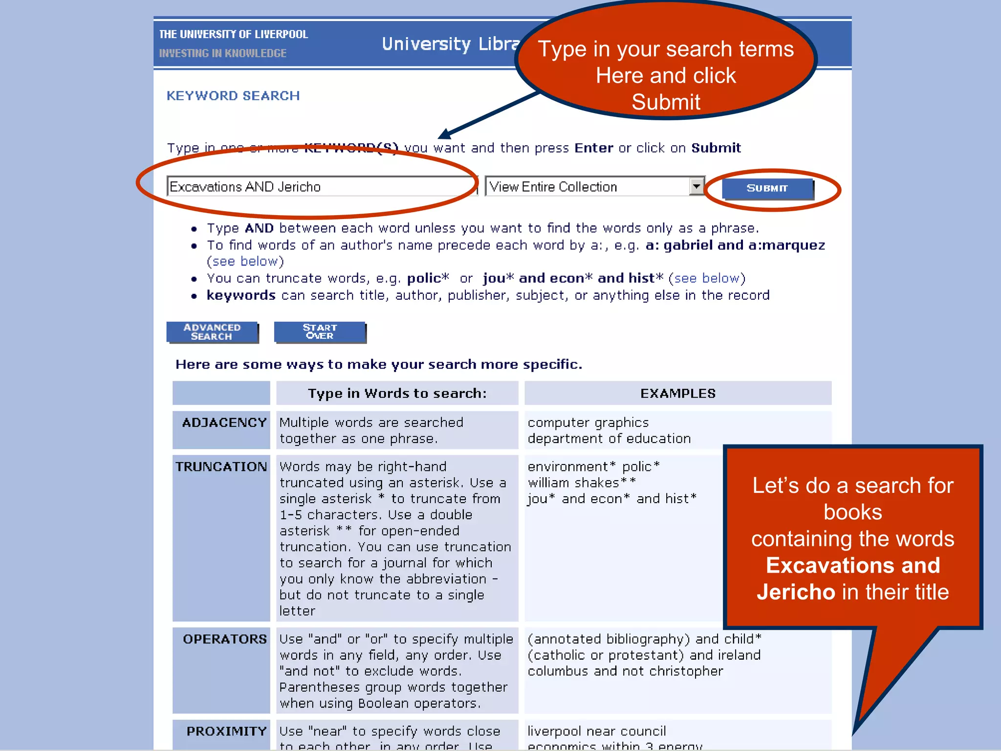 Let’s do a search for books containing the words Excavations and Jericho  in their title Type in your search terms Here and click Submit 