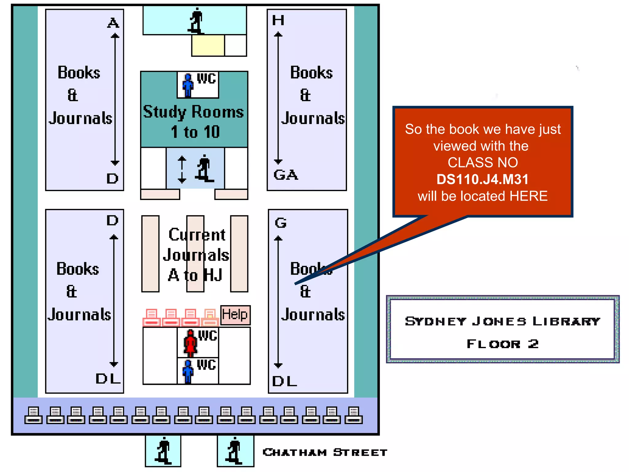 So the book we have just viewed with the  CLASS NO DS110.J4.M31 will be located HERE 