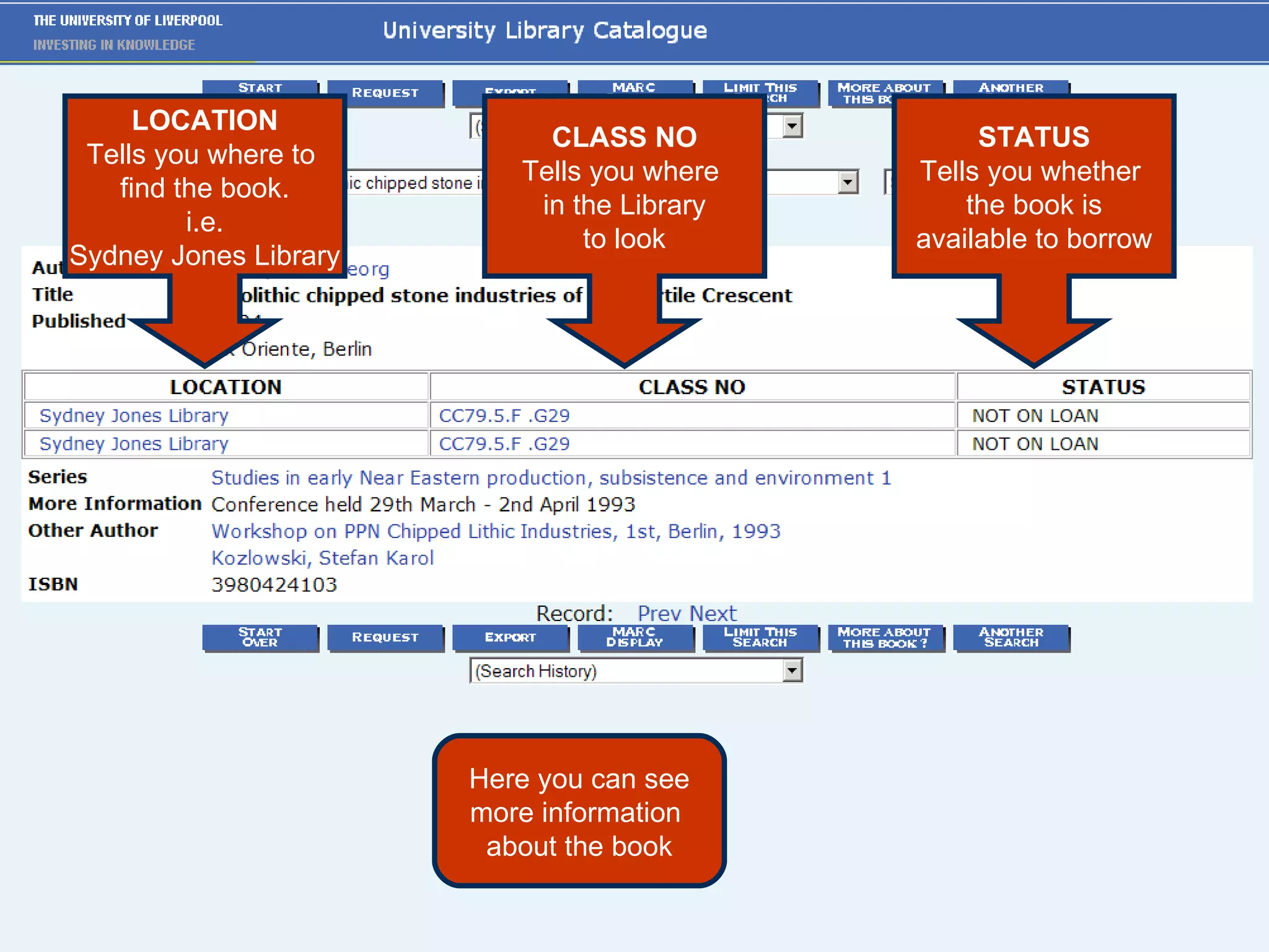 Here you can see more information  about the book LOCATION Tells you where to  find the book. i.e. Sydney Jones Library CLASS NO Tells you where  in the Library to look STATUS Tells you whether  the book is available to borrow 