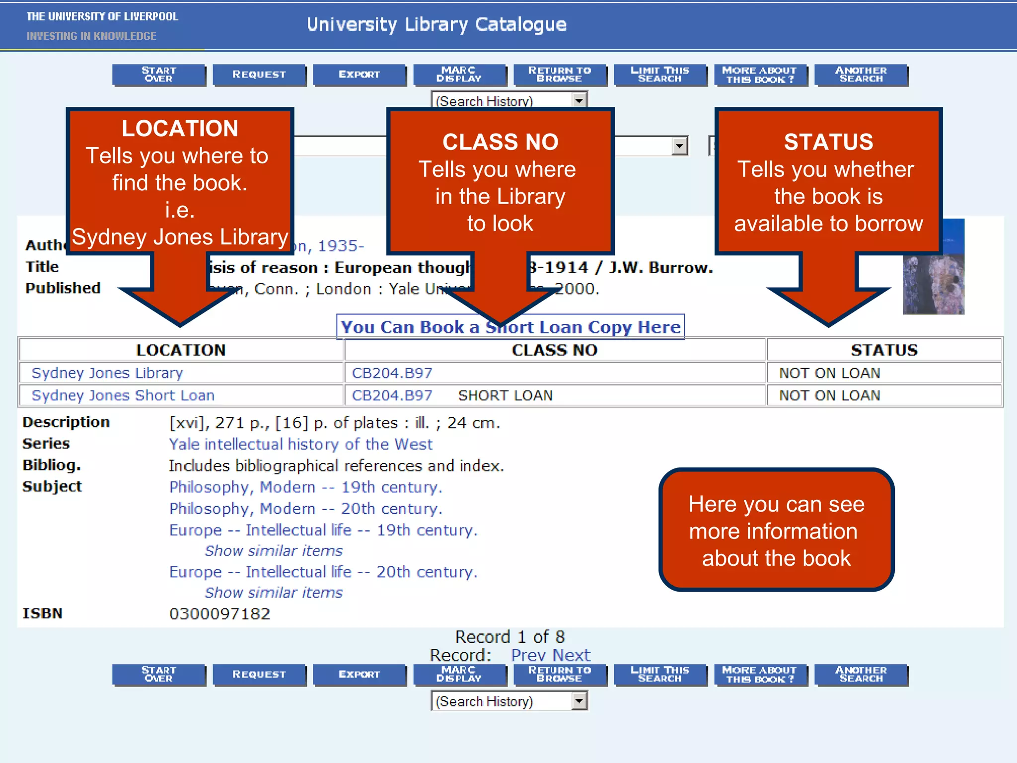 LOCATION Tells you where to  find the book. i.e. Sydney Jones Library CLASS NO Tells you where  in the Library to look STATUS Tells you whether  the book is available to borrow Here you can see more information  about the book 