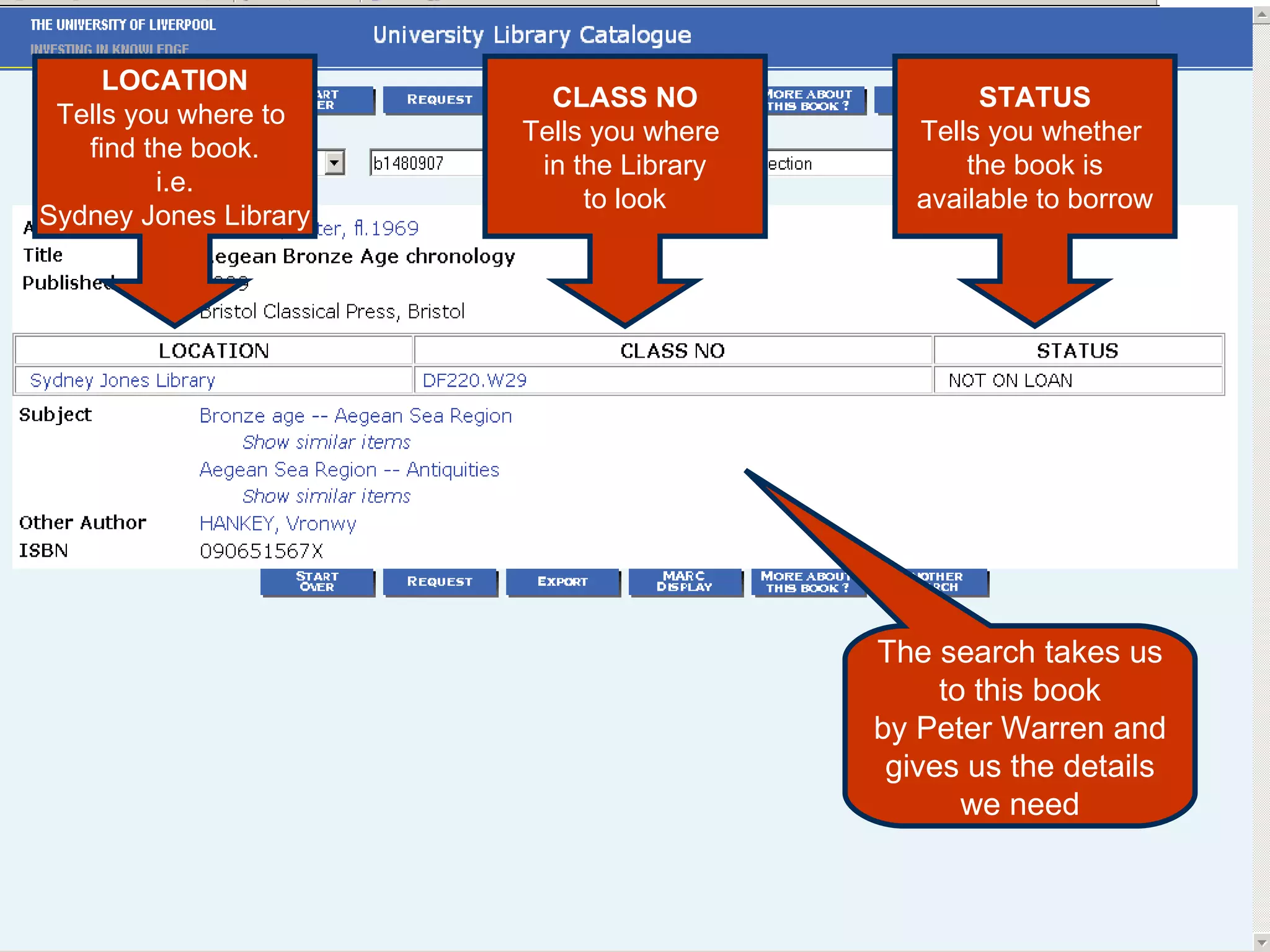 The search takes us to this book by Peter Warren and gives us the details we need LOCATION Tells you where to  find the book. i.e. Sydney Jones Library CLASS NO Tells you where  in the Library to look STATUS Tells you whether  the book is available to borrow 