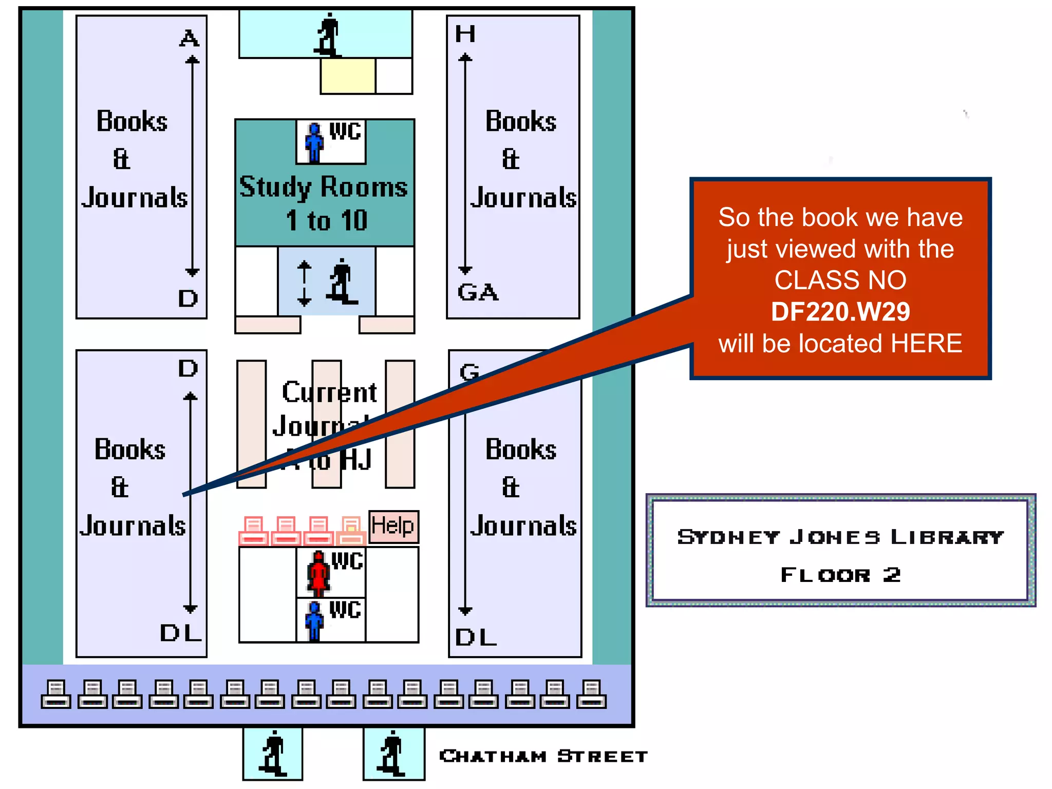 So the book we have just viewed with the CLASS NO DF220.W29 will be located HERE 