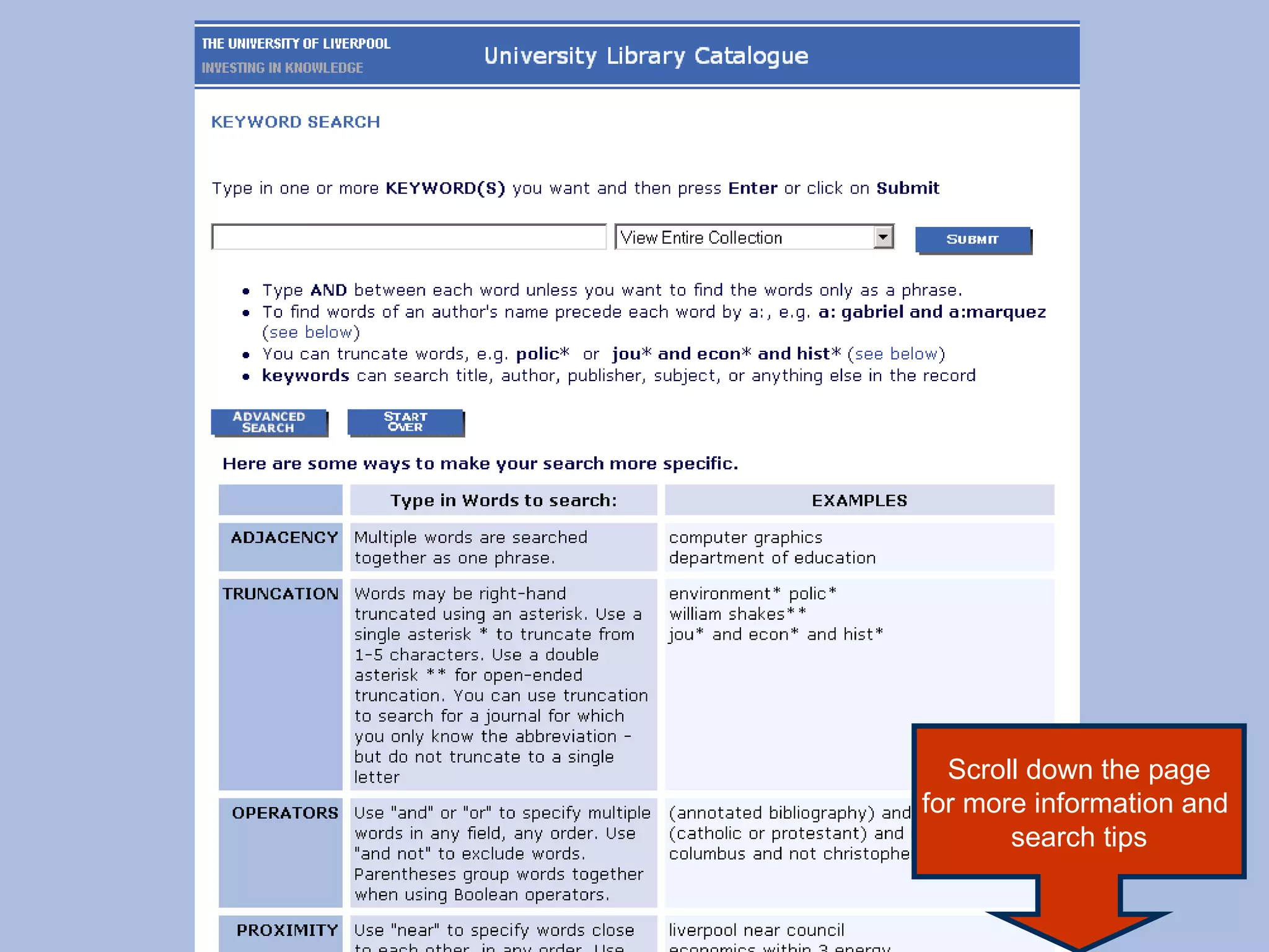 Scroll down the page for more information and  search tips 