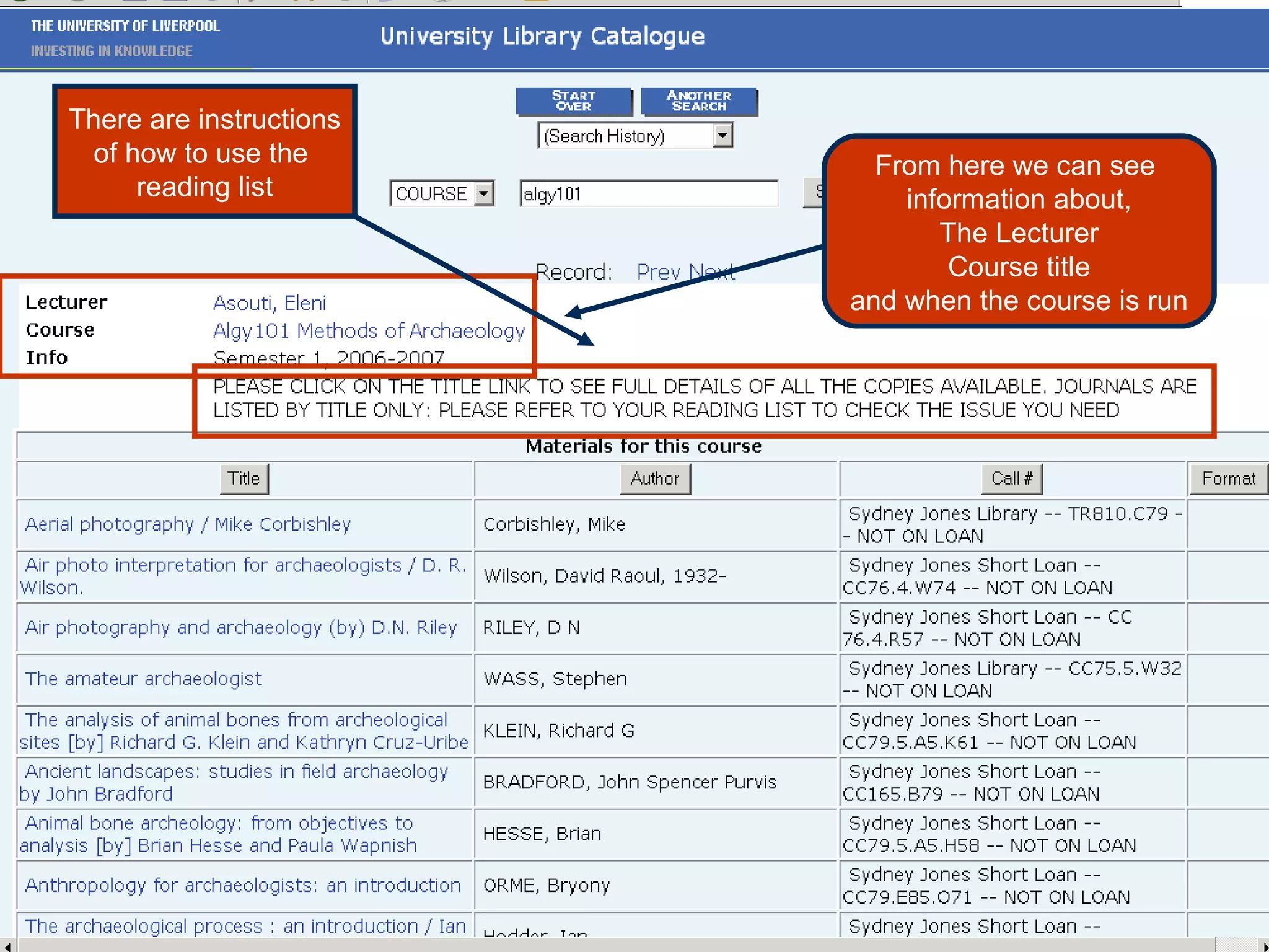 From here we can see  information about, The Lecturer Course title and when the course is run There are instructions of how to use the  reading list 