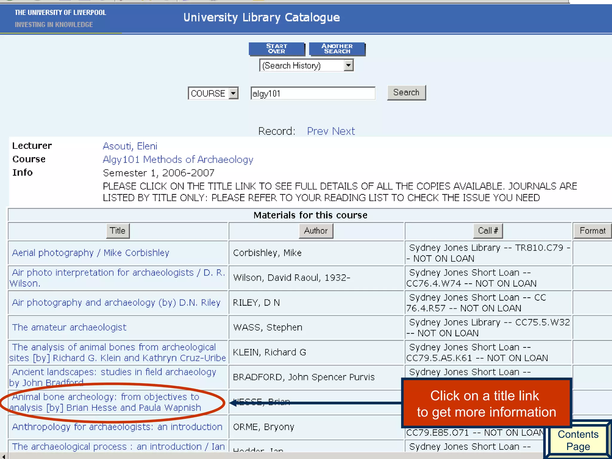Contents Page Click on a title link  to get more information 