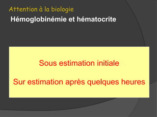 Attention à la biologie
Hémoglobinémie et hématocrite




          Sous estimation initiale

 Sur estimation après quelques heures
 
